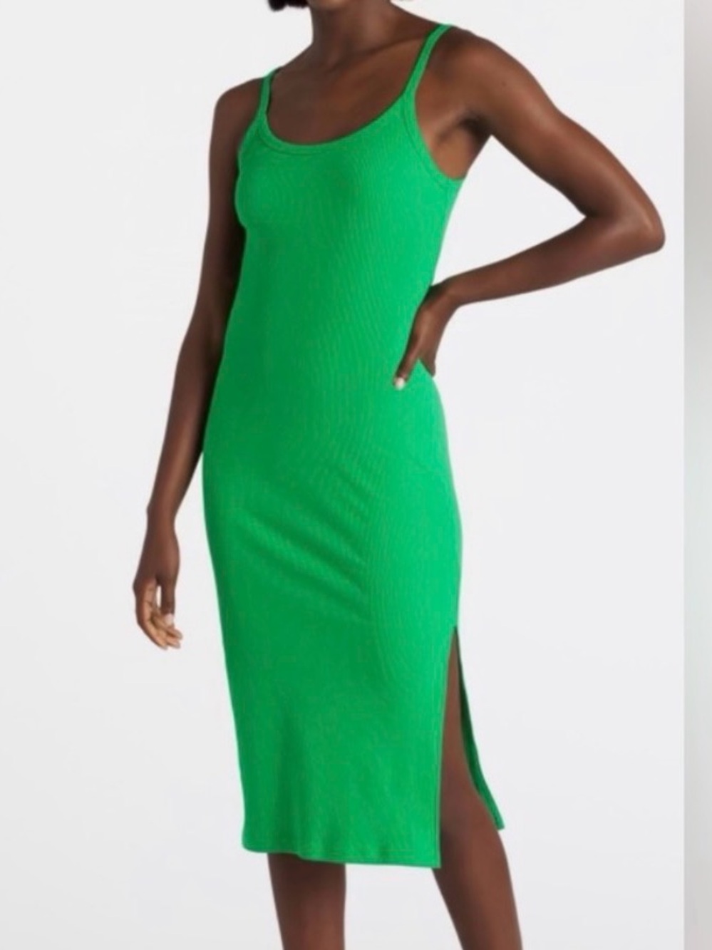 Sanctuary Bright Green Ribbed Tank Midi Dress with Side Slit
